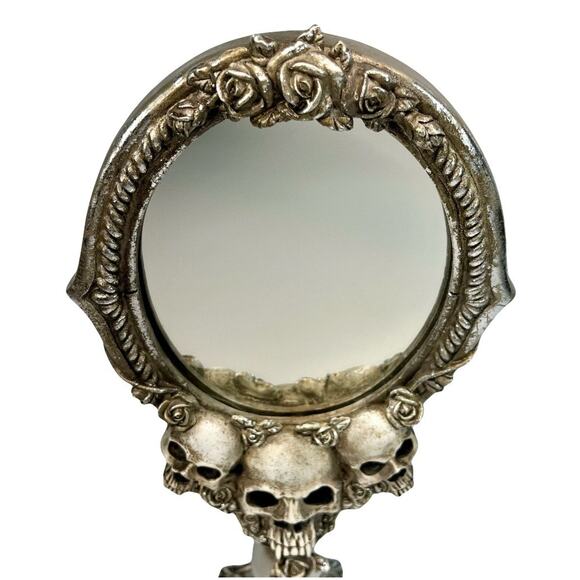 Gothic Skull Roses Floral Standing Mirror Silver Tone Vanity Table Top Decor - Picture 2 of 10